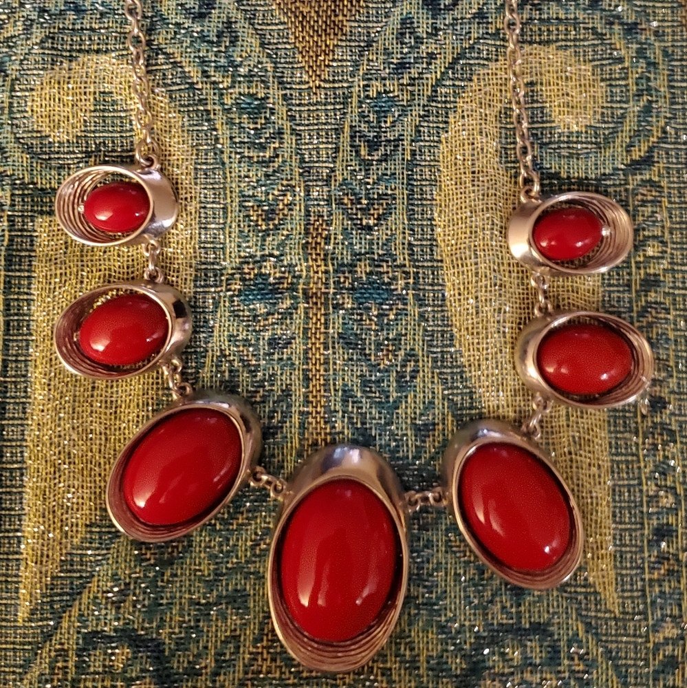 Vintage Red Bib Necklace Silver Tone Ovals 18"